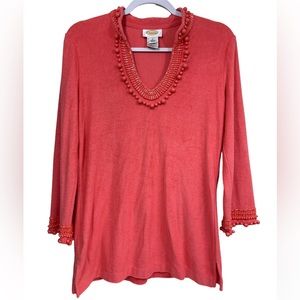 Talbots Peach Terry Cloth Tunic Embellished Tunic Top Size Small